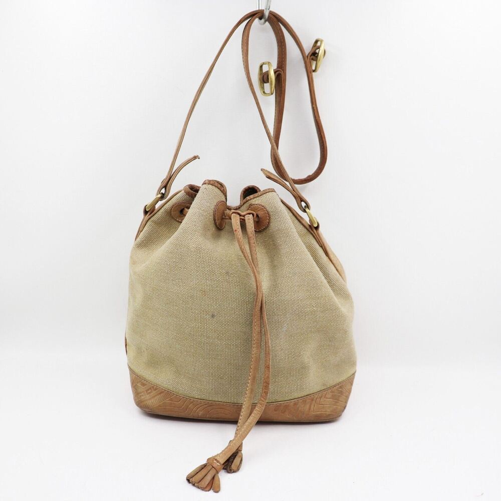 Vtg Leather Shop Handbag M Green Canvas Drawstring Tassel Pouch Bucket Bag